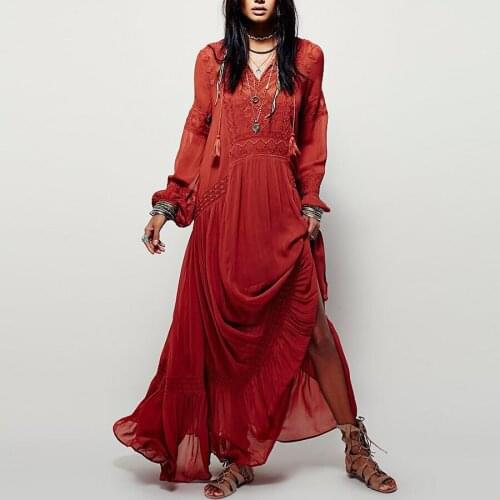 Long sleeve maxi dresses women tunic cover up red floral embroidery v neck tassel long dress Casual loose boho vestidos