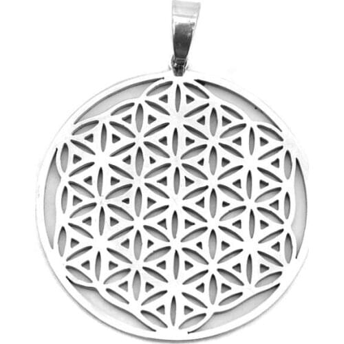 DoreenBeads Fashion Stainless Steel Pendants Round Silver Color Flower Of Life Hollow Style DIY Charms 4.9cm x 3.8cm, 1 Piece
