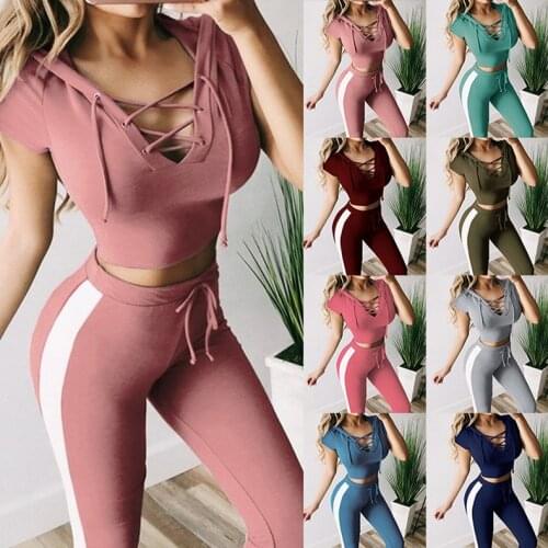 2021 Fashion Womens 2 Piece Tracksuit Athletic Soft Short Sleeve Crop Tops and Long Pant 2Pcs Sportswear Outfit Set