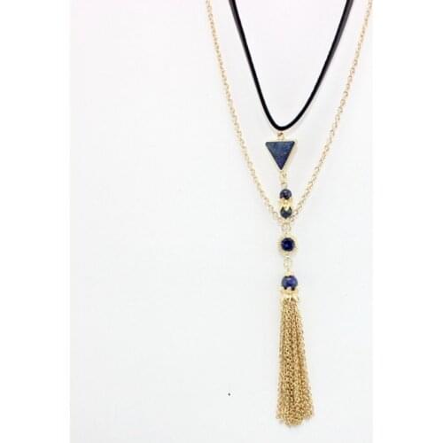 Light Yellow Gold Color Alloy Geometric Shape Lapis Lazuli Pendant Layer Chain Necklace with Tassels Jewelry