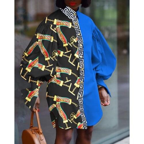 5XL Loose Ruffles Retro Lantern Sleeve Office Lady Ink Printing Plus Size Casual Shirt Dress For Women