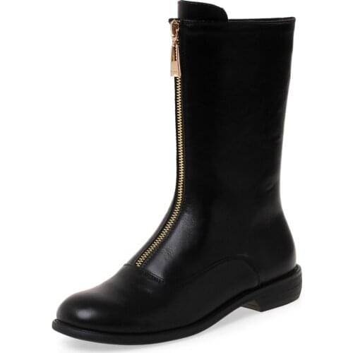 Zipper Leisure Flat Bottom Warm Mid-Calf Boots PU Low Heel Burgundy Medium Tube Womens Boots Comfortable Velvet White Warm Shoe