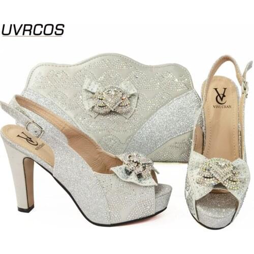 Italian Design Newest Nigerian Fashion Ladies Shoes and Bag Set Decorated With Rhinestone and Metal in Silver Color for Party