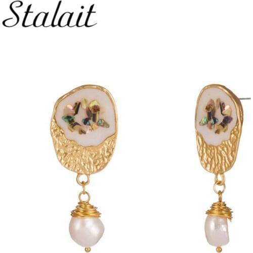 Vintage Pearl Earrings Natural Stone Gold Color Statement Earrings For Women Weddings Party Irregular Geometric Jewelry Gifts