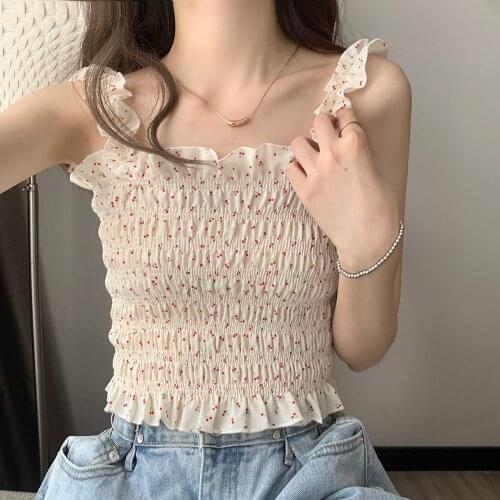 Woman Backless Sweet Suspenders Womens 2021 Summer Sexy Floral Printed Crop Top Pleated Camisole Women Ruffled Slim Korean Vest