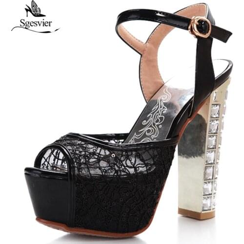 Sgesvier 2018 Summer Sexy Lace Glitter Peep Toe Sandalias Shoes Thick High Heel Ankle Buckle Party Wedding Shoes Mujer OX467
