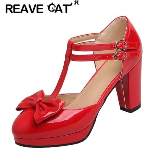 REAVE CAT New 2021 Ladies Pumps Round Toe 9cm Block Heels Patent Leather Buckle Bowtie Platform Cosplay Big Size 48 A3544