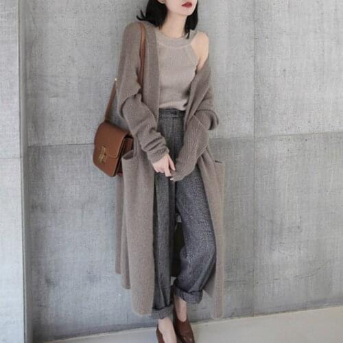 Woman Casual Long Knitted Cardigan Autumn Korean Sweater Women Loose Solid Color Pocket Design Sweater Jacket gray/cardigan