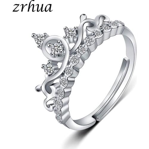 ZRHUA 30% Silver Ring Luxury Crown Finger Jewelry with Shiny Crystal Ring 925 Sterling Silver Resizable Anillos for Women Girls
