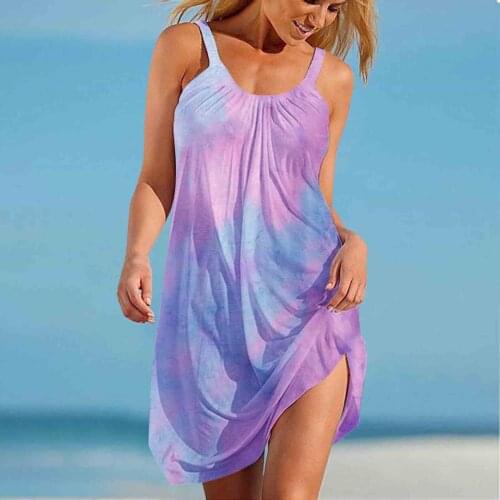 Hem Loose Boho Beach Dress Women Sexy Sleeveless Gradient Color Print Summer Dress 2021 Holiday Womens Summer Sundresses 40