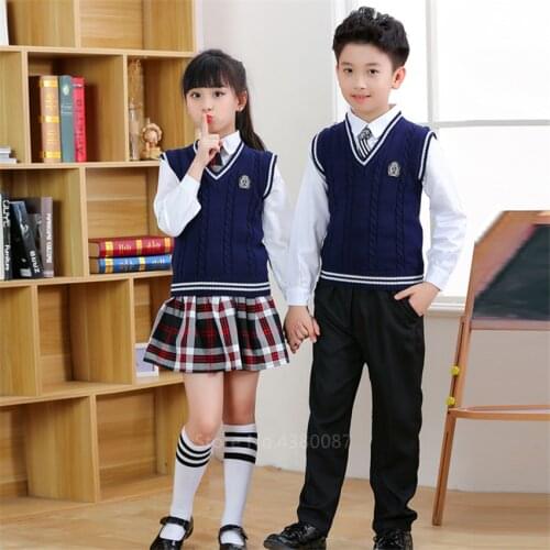 Kid Japanese British Style School Uniforms Boy Girl Navy Cotton Plaid Skirt Student Class Outfit Kindergarten Stage Clothing Set