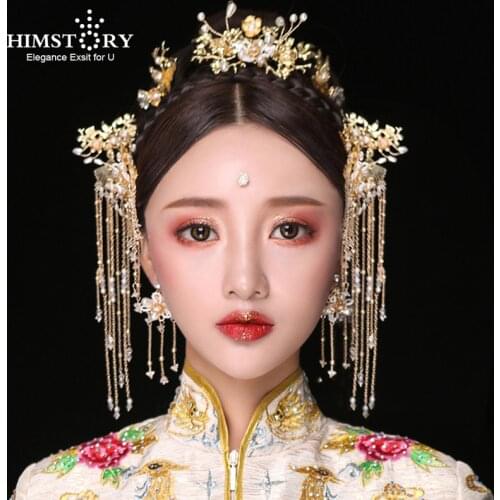 HIMSTORY Luxury Vintage Chinese Bridal Hair Jewelries Costume Gold Hairpin Wedding Long Tassel Women Jewelry Hair Accessories