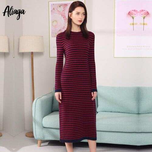 Cashmere Knitted Side Split Dresses Womens 100% Cashmere Dress Long Knitted Striped Dress Female Casual O-neck Ladies Pullover