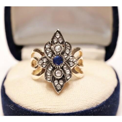 OLD NAVETTE ART DECO STYLE 14K GOLD NATURAL DIAMOND AND SAPPHIRE DECORATED RING