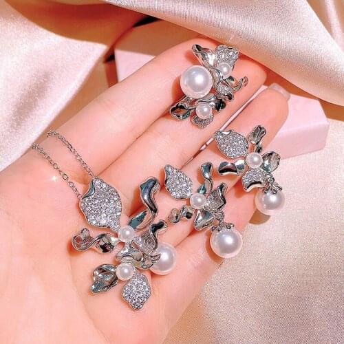 925 Sterling Silver Bridal Jewelry Long Pearl Necklace Earrings Ring Pendant Jewelry Set Lady Engagement Wedding Party Gift