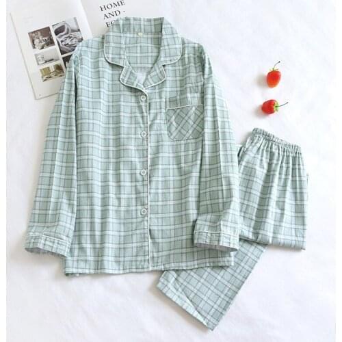 Two Piece Simple Big Plaid Pajamas Suit Womens Cotton Four Seasons Thin Section Lapel Long-sleeved Trousers Nightwear Women Set