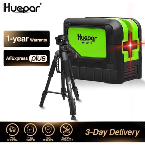 Huepar 2 lines Self-leveling Cross Line Laser Level 2 Dots Red Vertical Horizontal Lines 2pcs Magnetic Bases + Adjustable Tripod