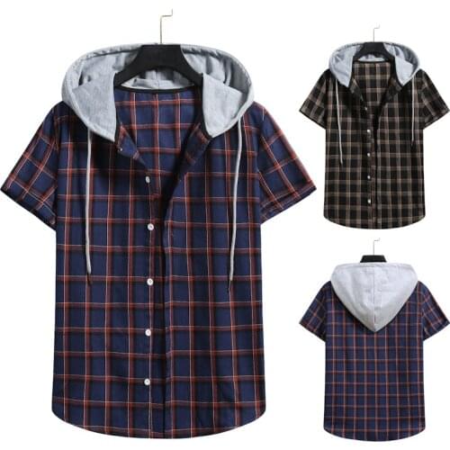 2021 Summer New Arrival Checked Hooded Short-sleeved Shirts for Men