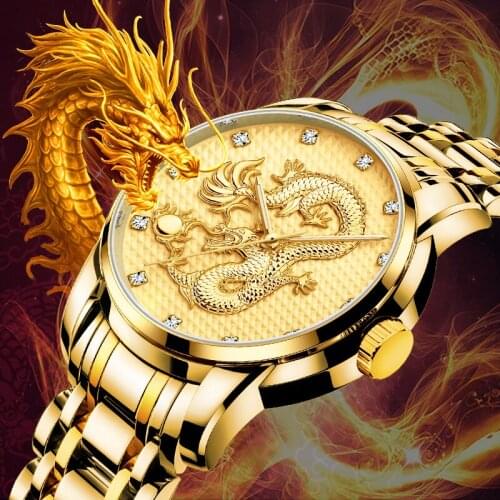 NEKTOM Mens Creative Dragon Gold Watch Waterproof Diamond Luminous Quartz Sport Business Steel Band Wristwatches Relogio