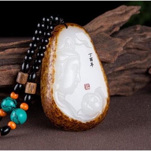 Natural Xinjiang Hetian Jade Lotus Guanyin Handhold with Leather Seed Material Lotus Guanyin Charms