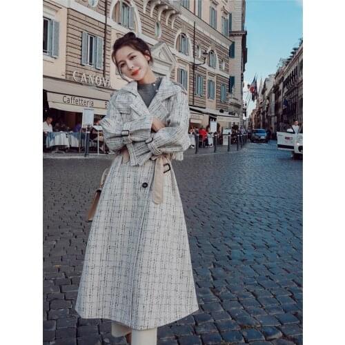 Autumn Winter Plaid Tweed Woolen Coat Jackets Women Lace-up Belt Elegant Korean Ladies Fashion Female Long Coat Vintage Outwears