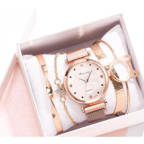 5pcs/Set Luxury Women Watches Luxury Magnet Buckle Flower Rhinestone Watch Ladies Quartz Wrist Watch Bracelet Set Reloj Mujer