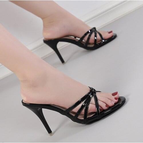 Newly Arrived Summer Office Career Slippers Shallow Mouth Patent Leather Women Sandals Narrow Band Thin High Heels Party Shoes