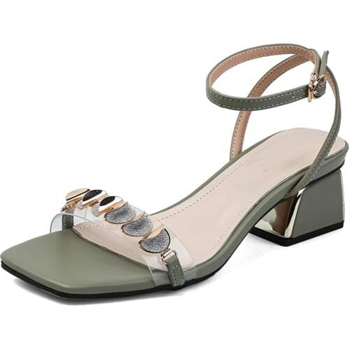 Summer Womens Sandals Middle Horseshoe Heel Sequins Modern Stylish Buckles 34-40 Large Lady Shoes