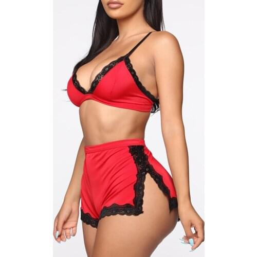 Sexy Women Lace Deep V-neck Lingerie Lace Bra Crop Tops High Waist Split Shorts Set Women Babydoll Nightwear Sleepwear Underwear