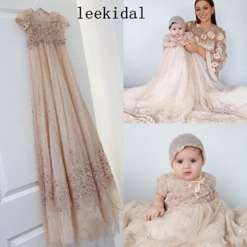 Bling Bling Champagne Baby Christening Gowns Full Sequins Baptism Outfits Bead Formal Infant Girl Wear With Bonnet