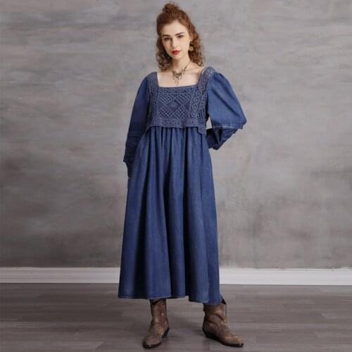 Johnature Women Denim Dresses Square Collar Long Sleeves Patchwork Hollowed Out Dress 2021 Autumn New Loose Solid Color Dress