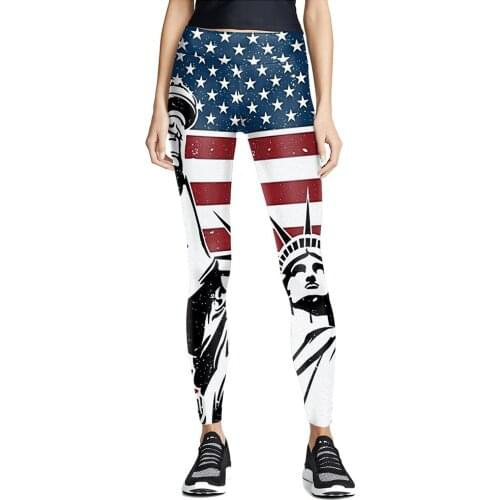 Women Fitness Leggings Fashion Flag Printing High Waist Pants Elastic Push Up Ankle Length Polyester Independence Day Leggings