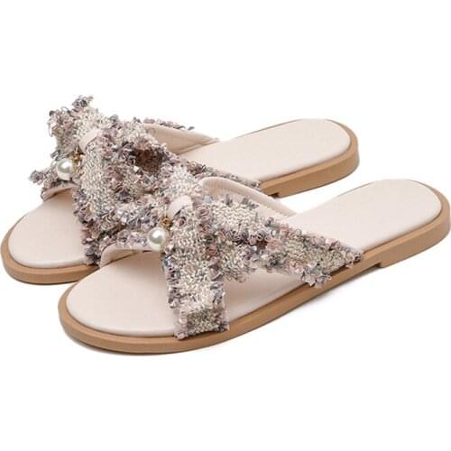 Fairyland pearl sandals womens half trailer 2020 summer new linen Roman sandal open toe flat heel