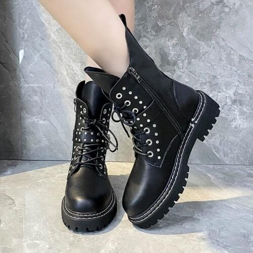 2020 New Winter British Style Women Boots Side Zipper Shallow Anti-skid Botas Mujer Fashion Short Tube Thick Heel Leather Boots