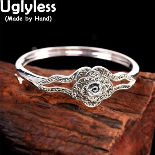 Uglyless Marcasite Rose Flower Bangles for Women Exotic Glossy Silver Cuff Bracelets 925 Silver Floral Jewelry Hollow Bangles