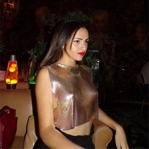 2021 Fashion New Metal Sequins Sexy Tank Tops Celebrity Sleeveless O Neck Hollow Out Nightclub Wear Solid Luxury Women Crop Top