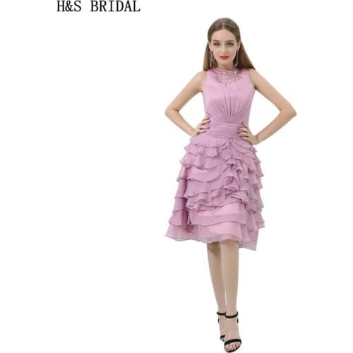 H&S BRIDAL Organza Pink prom dresses short Evening Party Beaded O Neck Layer Tiered Prom Dress 2020 vestido de festa