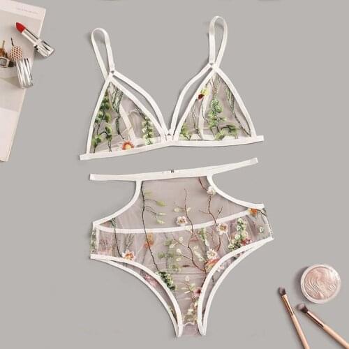 Womens underwear set V-neck flower lace embroidery printing hollow underwear set S-2XL fashionable sexy нижнее белье 05