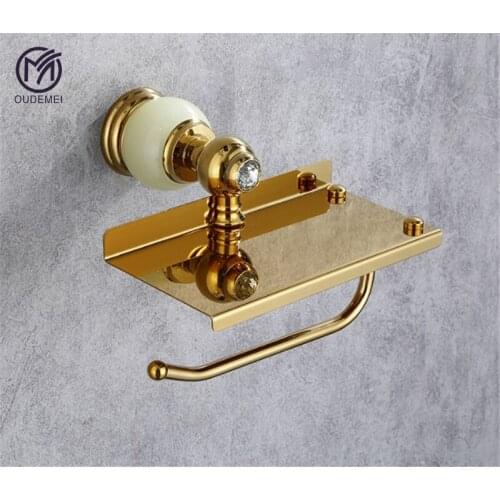 Gold Toilet Paper Holder Brass Wall Mounted Tissue Paper Rack Hook Bath Accessory Bathroom Shelf