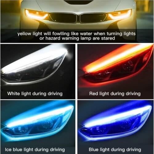 2x Ultrafine Cars DRL LED Daytime Running Lights White Sequential Flowing Turn Signal Yellow Guide Strip for Headlight Assembly