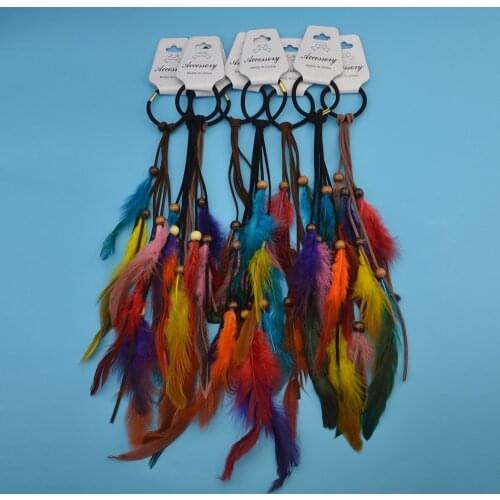 Bohemian Women Hair Accessories Fashion Colorful Feather Braided Elastic Hairband Hippie Headdress Knitted Belt Headband