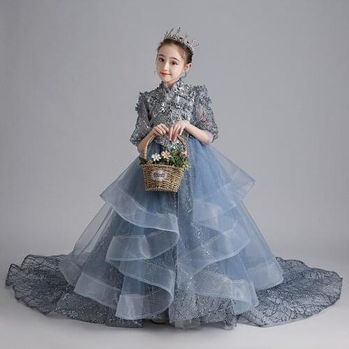 Flower Girl Dresses Sequined Appliques Three Quarter Princess Crystal Ball Gown Luxury Ruched Pearls Tulle Kids Party Skirt H058