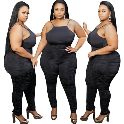 European and American Amazon new sling pleated tight-fitting plus size womens jumpsuit