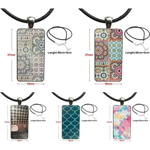 Art Decorative Moroccan Tile Jewelry With Steel Plated Glass Cabochon Choker Long Pendant Rectangle Necklace For Girls Gifts