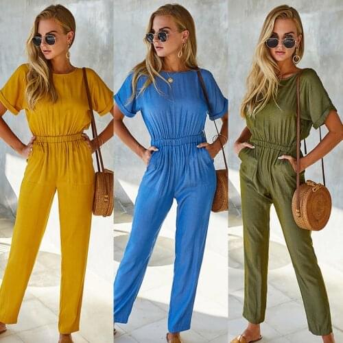 Women Summer Solid Color Jumpsuits for Streetwear Shrinkage Design Pocket Decor O-Neck Short Sleeve High Waist Casual Jumpsuits