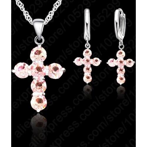 10 Colors 925 Sterling Silver Austrian Crystal Cross Pendant Necklace Earrings Jewelry Sets Stock 24 Hours Shipping