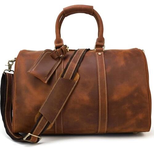 Luufan Casual Vintage Man Travel Bag Crazy Horse Cow Leather Travel Duffel Carry On Hand Tote Luggage Tote Bag Male 45cm