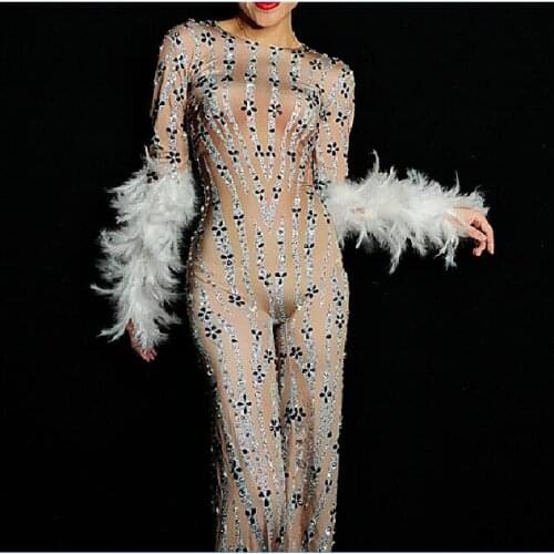 Flashing Rhinestones White Feather Spandex Jumpsuit Birthday Party Outfit Dancer Singer Bodysuit Big Leggings Evening Stage Wear