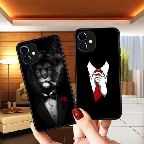 Man shirt tie smoking lion cat Phone Case for iPhone 11 12 Pro mini pro XS MAX 8 7 6 6S Plus X 5S SE 2020 XR iPhone Phone Case