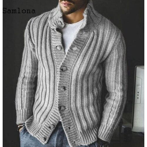 Samlona 2021 Knitting Sweater Men Spring Winter New Leisure Casual Patchwork Stripes Sweaters Cardigans Male Winter Warm Clothes